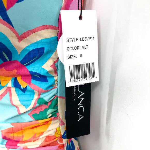 LA BLANCA Breezy Beauty One-Piece Swimsuit 8 Blue Ruffle Off the Shoulder NWT - Picture 8 of 11